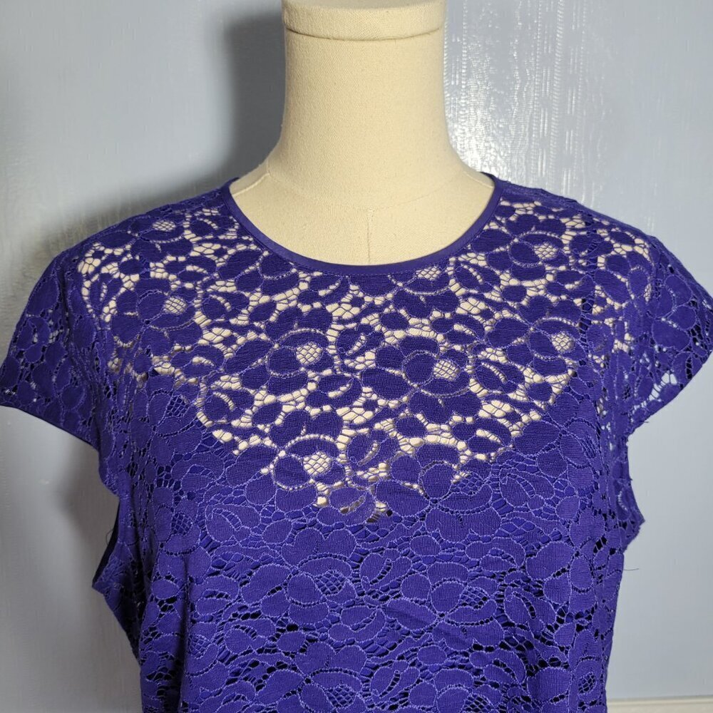Liz Claiborne Petite Large Blue Lace Overlay Lined Tank Top Cap Sleeve Blouse - Picture 2 of 10